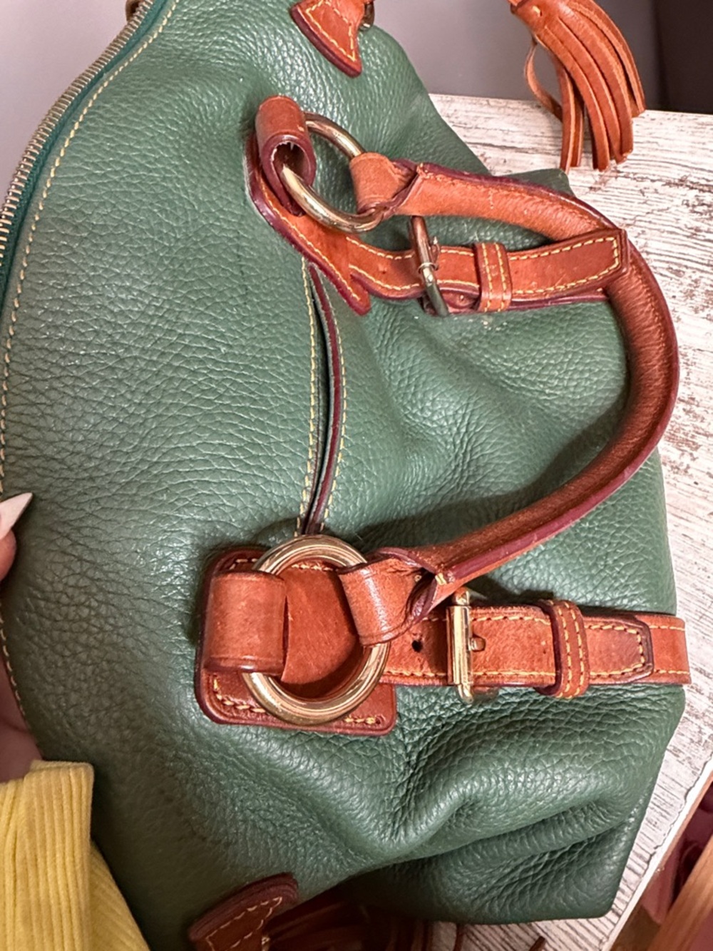 Dooney & Bourke Green Pebble Leather Satchel with Brown Trim and Tassel - Picture 8 of 9